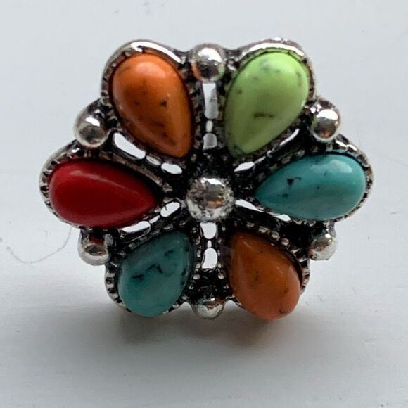 Zuni Cluster Style Studs - Turquoise Tone Western Flower Earrings - Picture 5 of 9